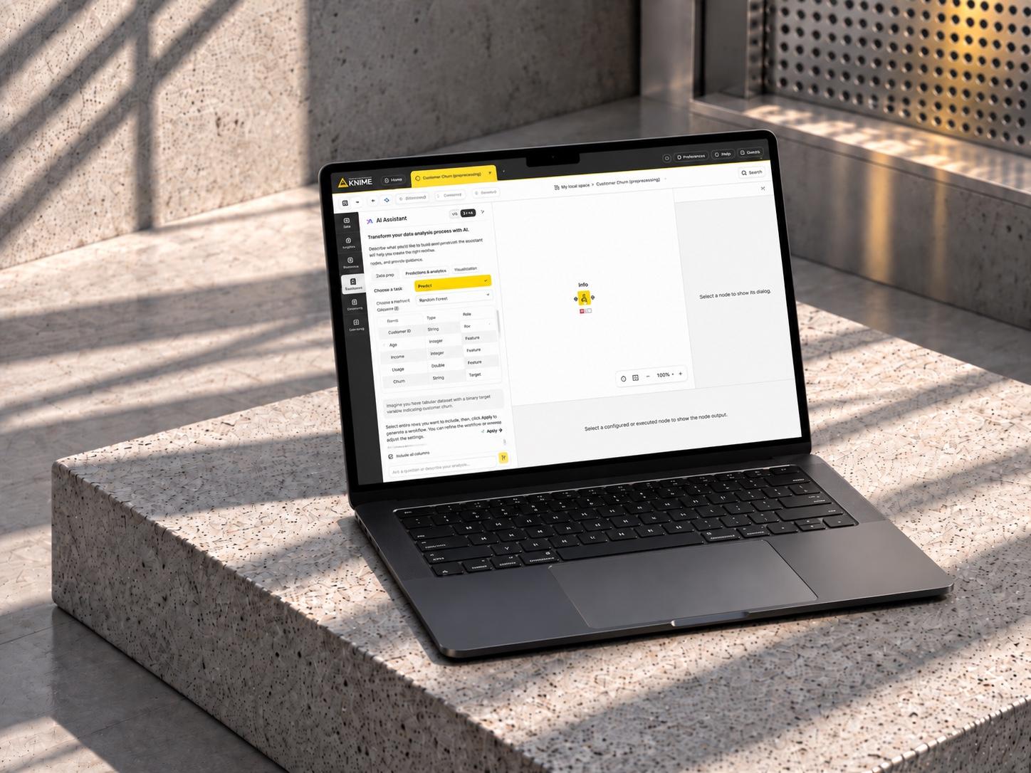 A MacBook on a sunlit concrete ledge displaying the KNIME AI assistant with a database preview and an explanation side panel.